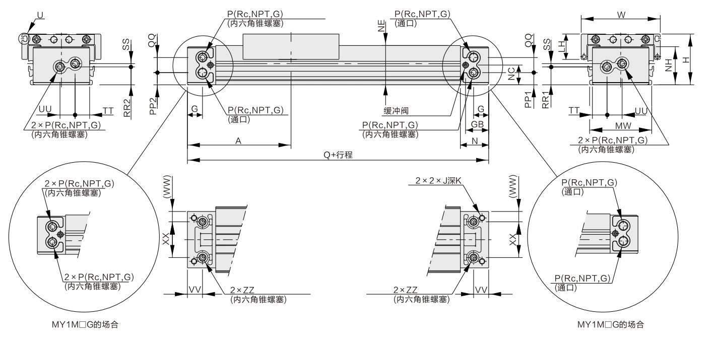 MY1M Series Mechanically Jointed Rodless Cylinder/Sliding Bearing Guide Type