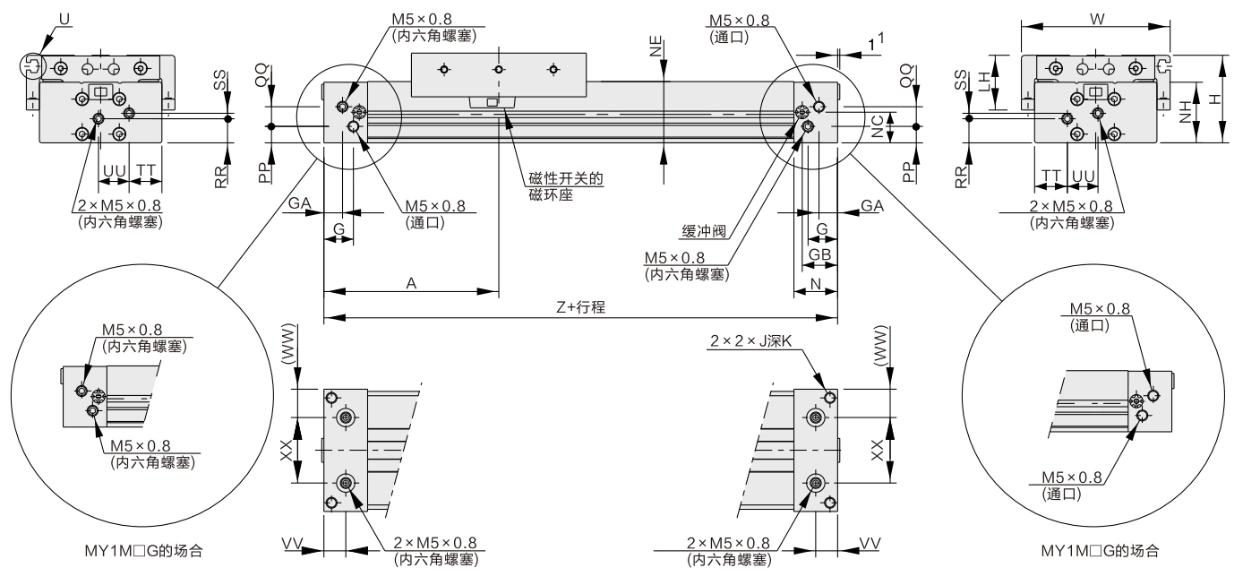 MY1M Series Mechanically Jointed Rodless Cylinder/Sliding Bearing Guide Type